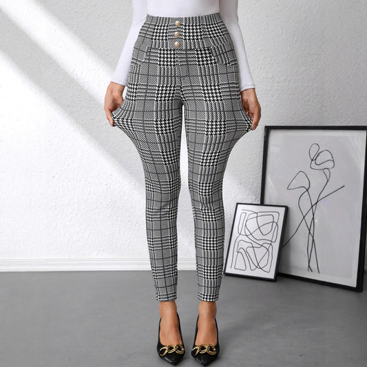 Women's Check Print Button Embellished High-waist Slim-fit Knit Pants